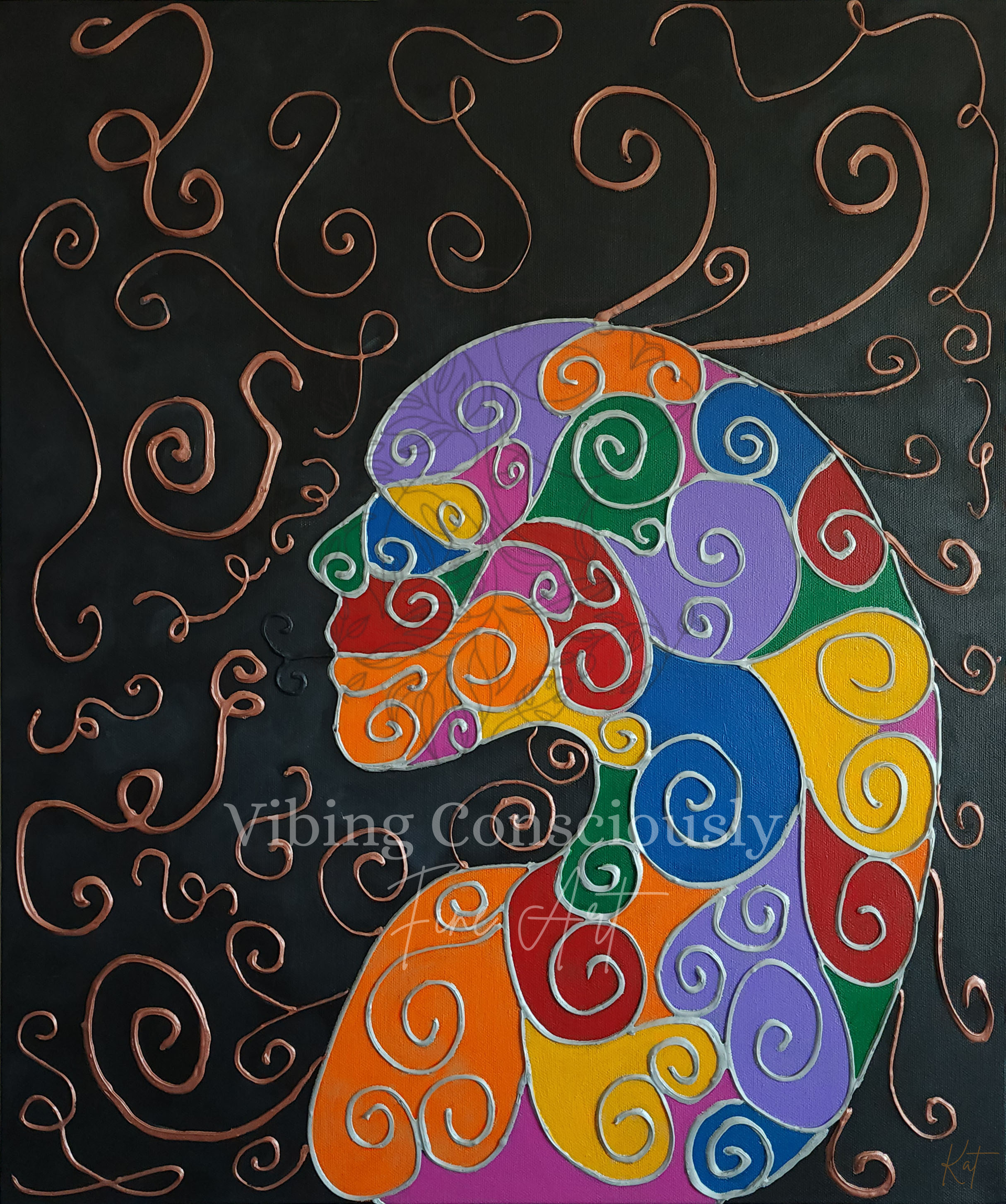 Colorful swirl mosaic of a woman on a black background with copper spiral accents.