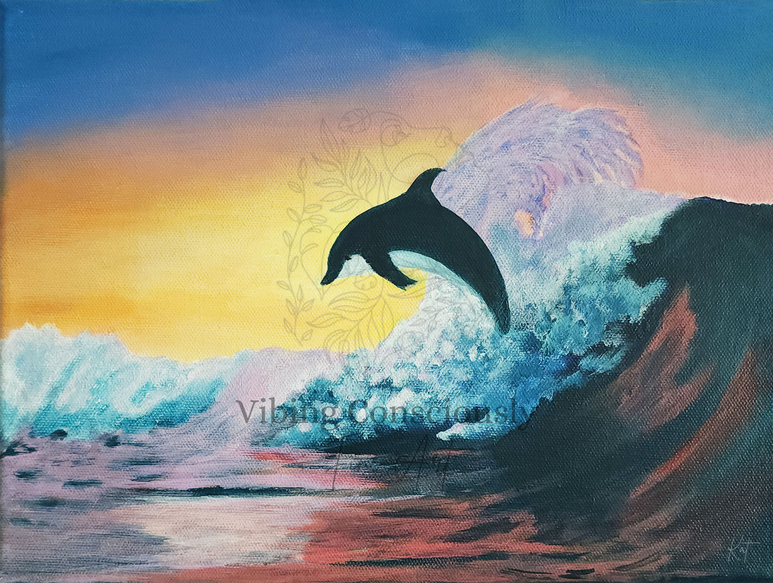 A painting of a dolphin jumping over ocean waves at sunset with pastel pink, purple, yellow, and blue sky in the background.