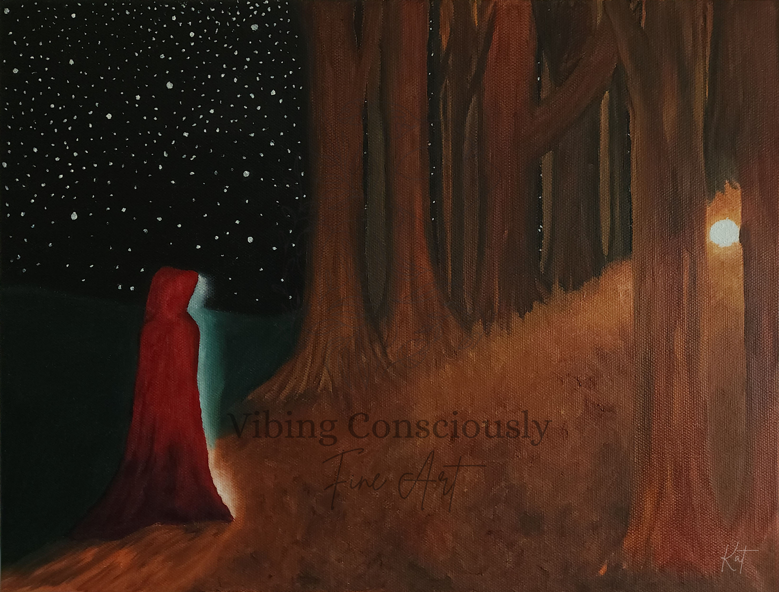 A painting of a red hooded figure standing under tall, dark trees at night, with a starry sky and a moon in the background.