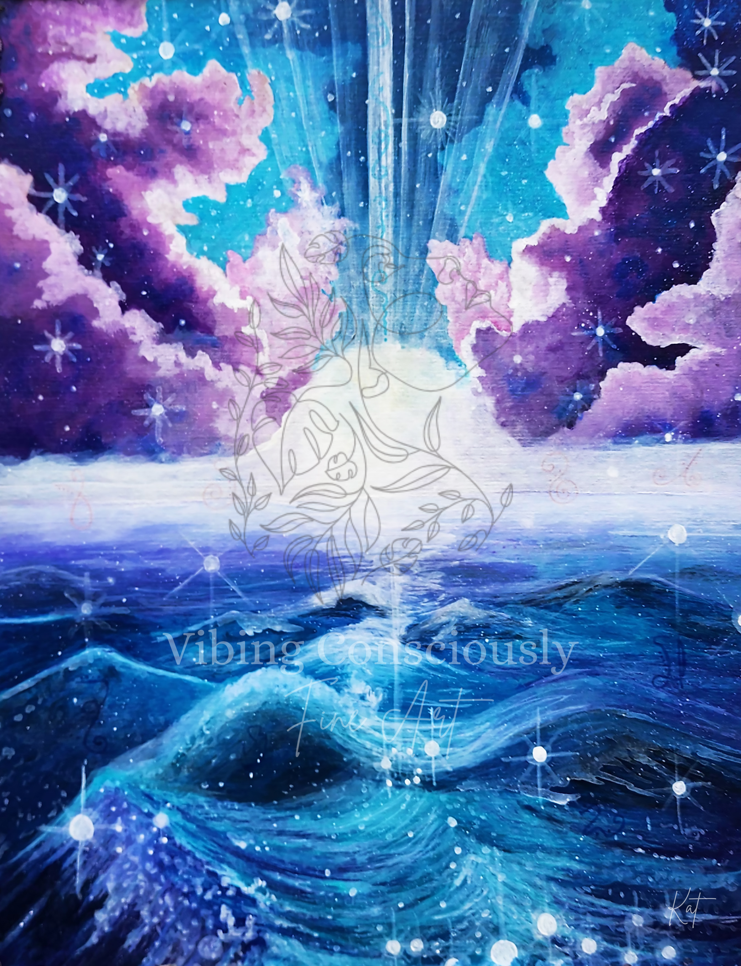 A vibrant painted scene of ocean waves under a colorful sky filled with purple, pink, and blue clouds, stars, and cosmic elements.