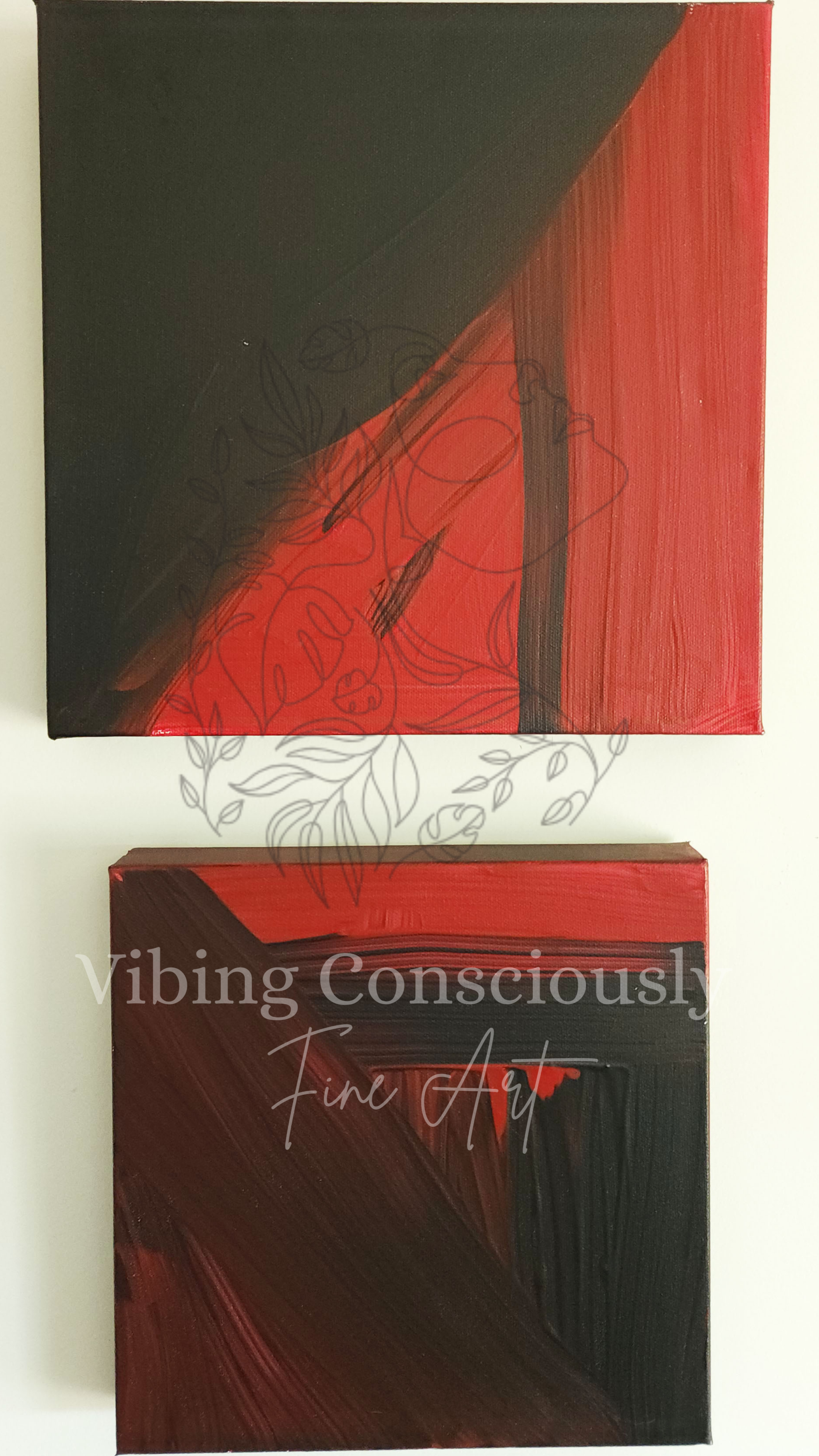 Two abstract red and black painted canvases with expressive brush strokes.