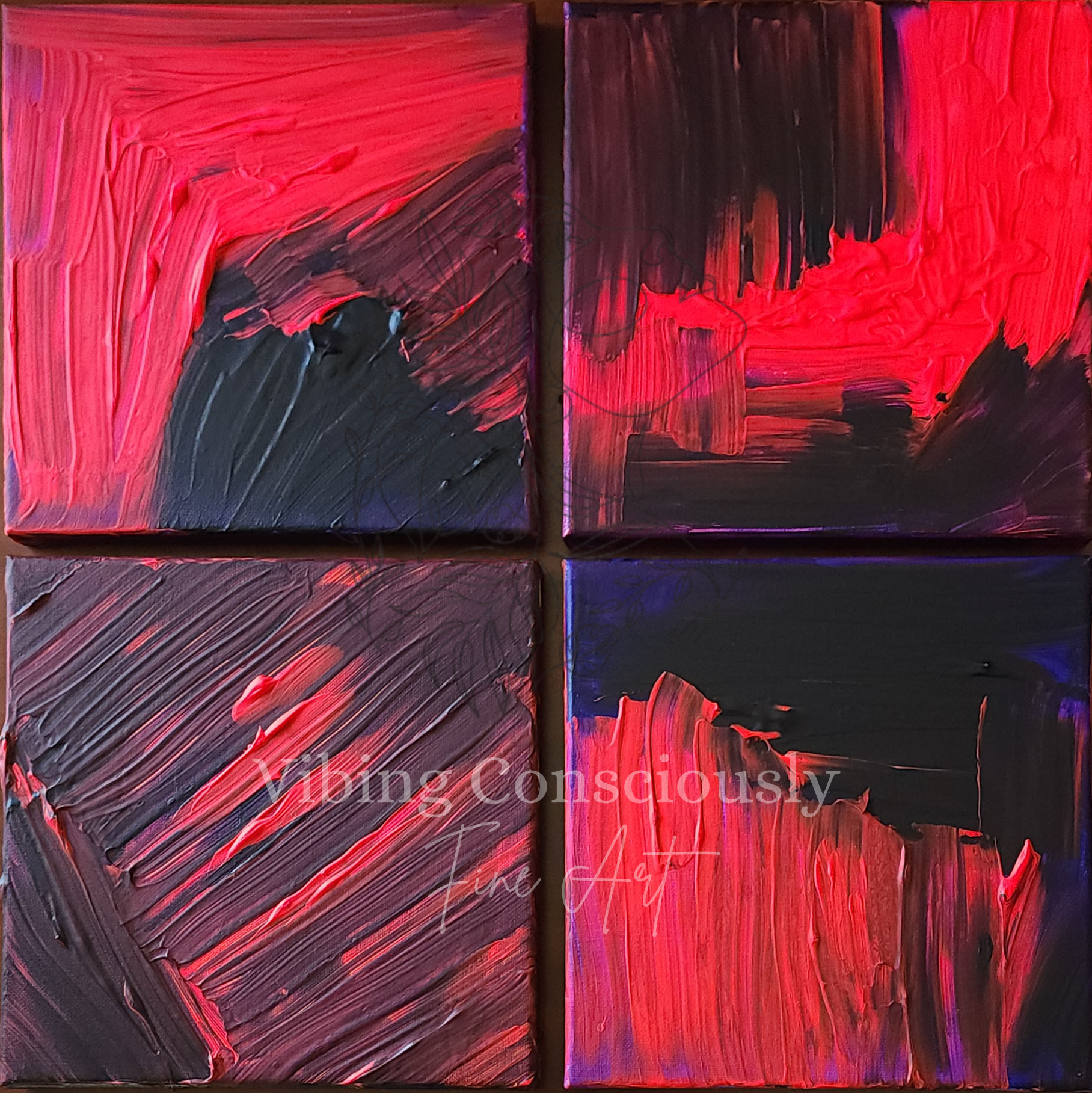 Abstract four-panel painting with bold red, black, and florescent pink brushstrokes.