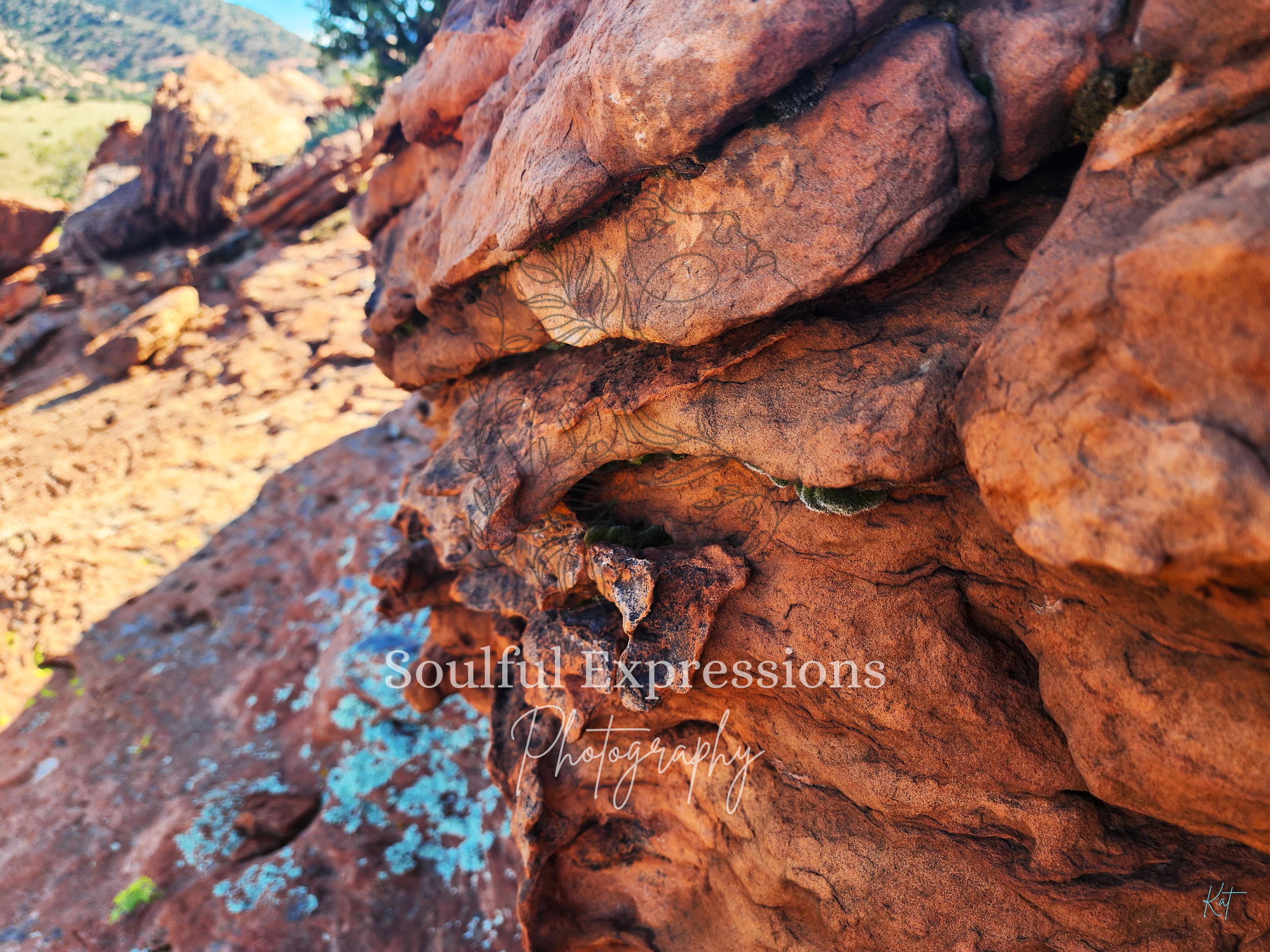 Close-up of a reddish-brown layered rock formation with patches of blue and green lichen, and a blurred landscape in the background in Sedona, Arizona.