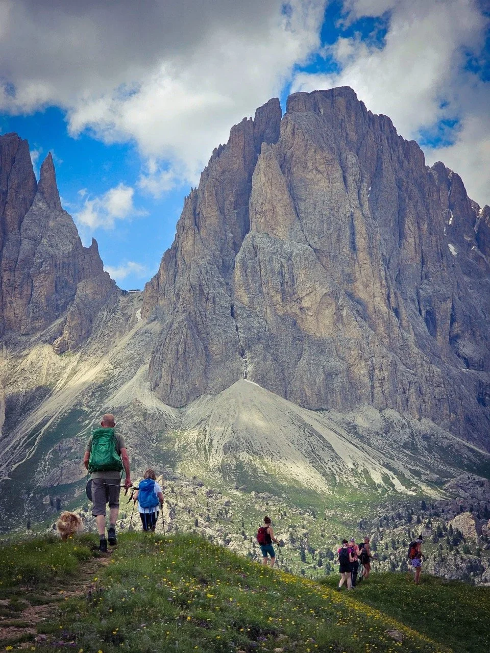 Hikers with backpacks and trekking poles walking on a grassy trail towards large rocky mountains under a partly cloudy sky.