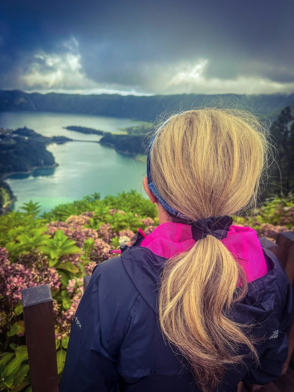 A person with blond hair in a ponytail wearing a black and pink jacket stands on a lookout, viewing a scenic landscape of a lake and mountains under a cloudy sky.