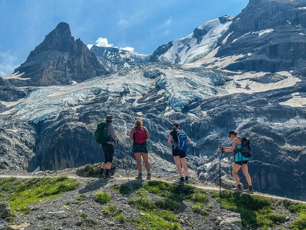 Group of hikers on a trail with trekking poles, nearing a mountain range covered in snow and ice under a clear blue sky.
