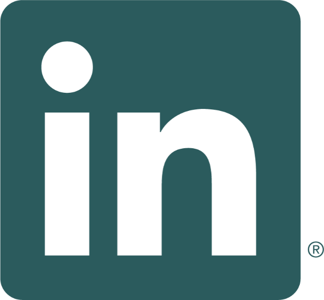 LinkedIn logo with the word 'in' in bold lowercase letters on a teal square background.