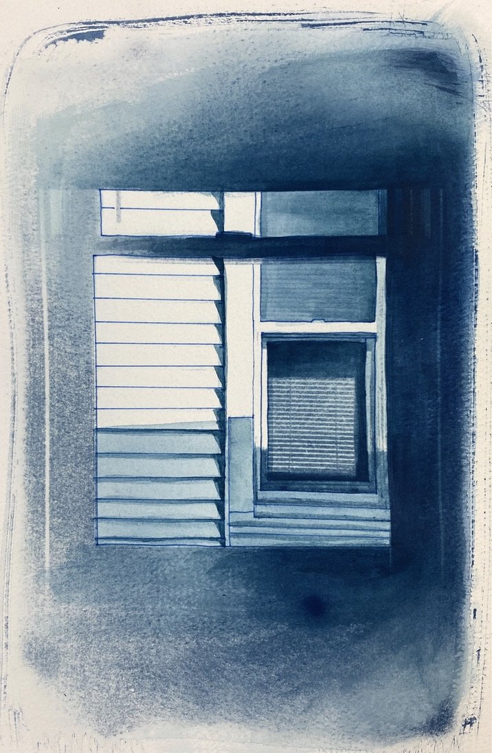 Cyanotype Test, 7''x10.5'', Cyanotype and Acrylic on Watercolor Paper, 2023
