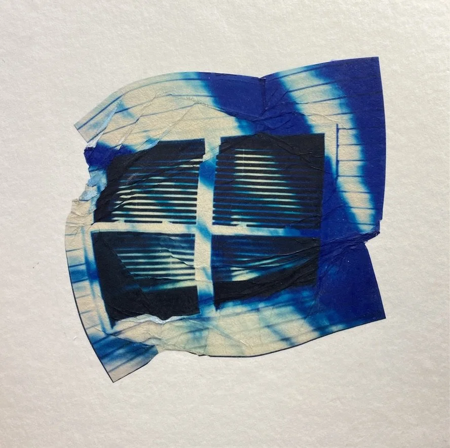 Blue Tree, 5''x5'', Polaroid Lift and acrylic, on watercolor paper, on panel, 2024