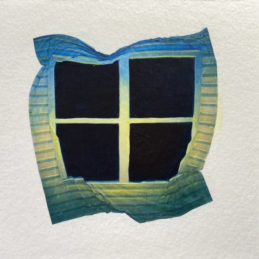 Green & Blue, 5''x5'', Polaroid Lift and acrylic, on watercolor paper, on panel, 2024