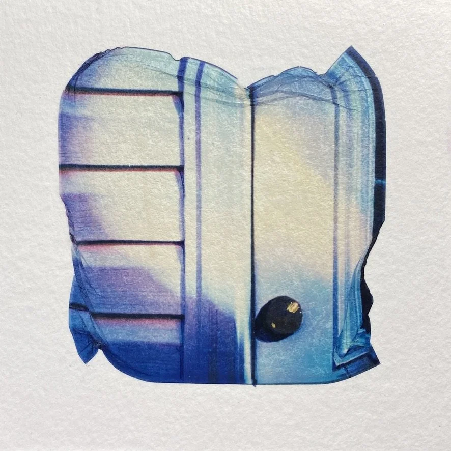 Purple Aura, 5''x5'', Polaroid Lift and acrylic, on watercolor paper, on panel, 2024