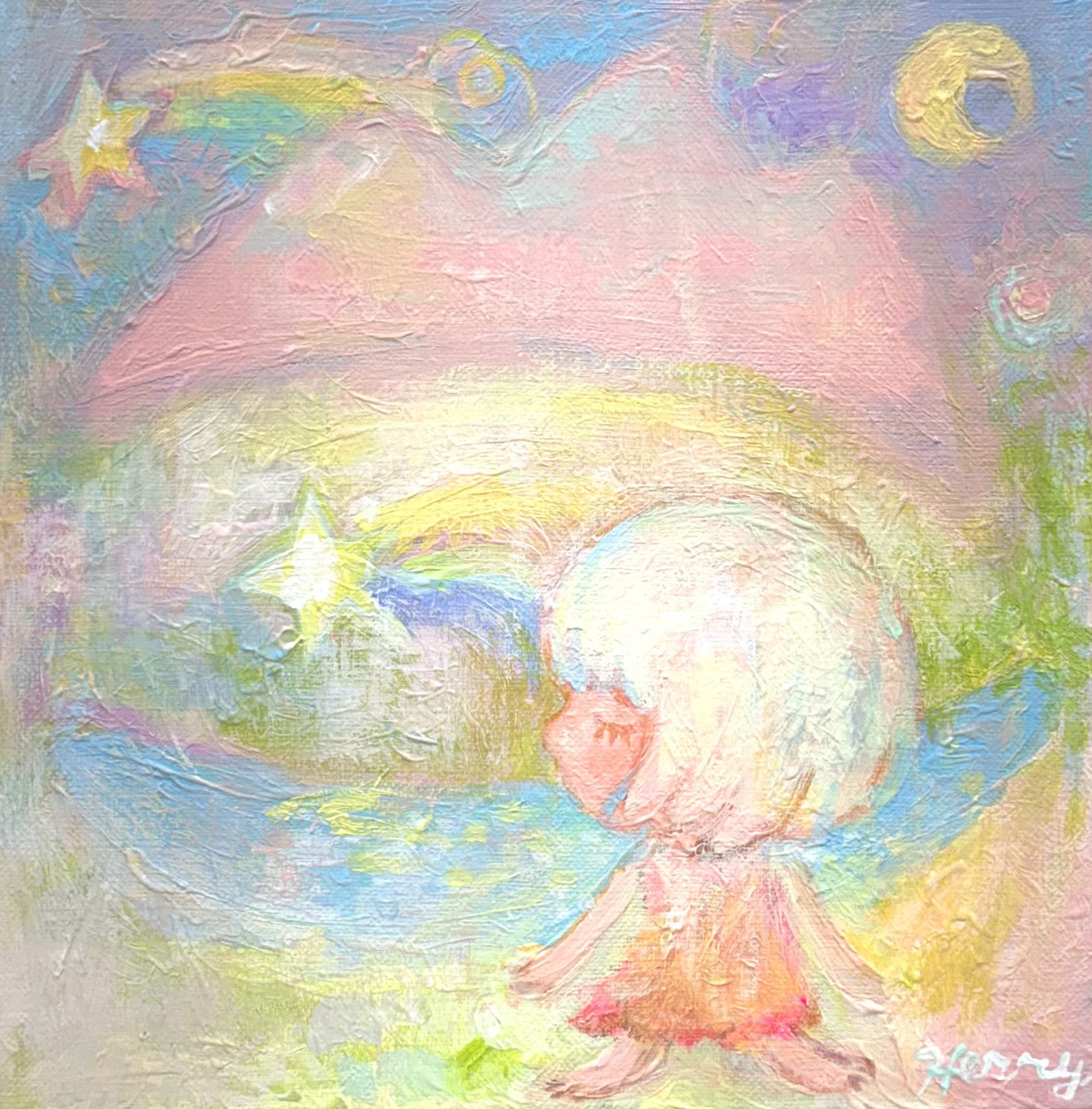 Starlit Village, 2025 | Acrylic on canvas | 24.5 x 24.5 cm. / 9.6 x 9.6 in. | Signed lower right and on verso 