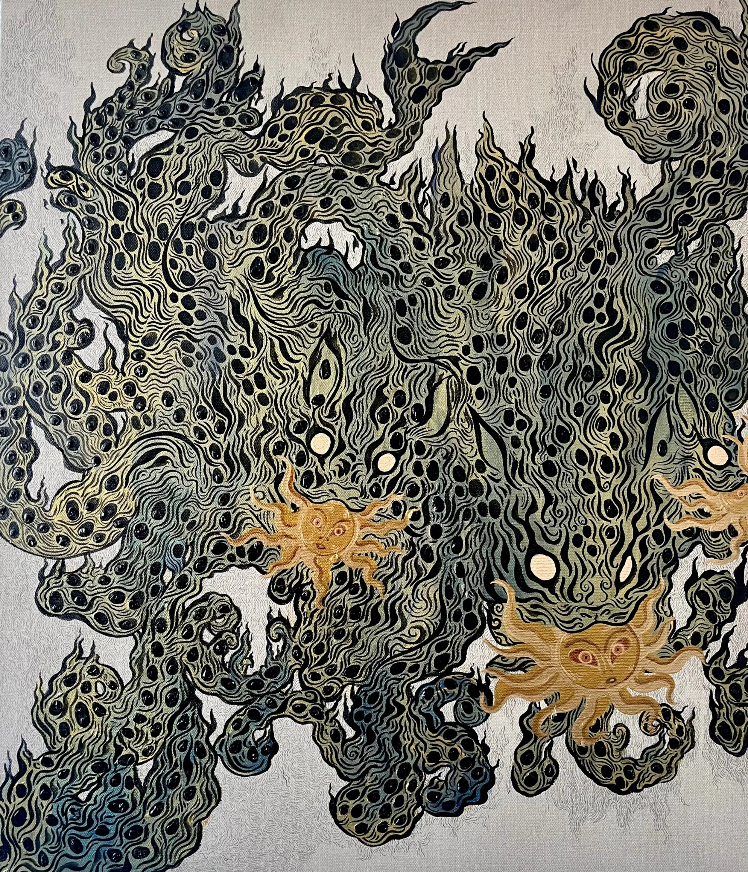 The green lion devouring the sun, 2024 |
Ink and acrylic on linen | 
70 x 60 cm. / 23.6 x 19.7 in. | Signed on verso