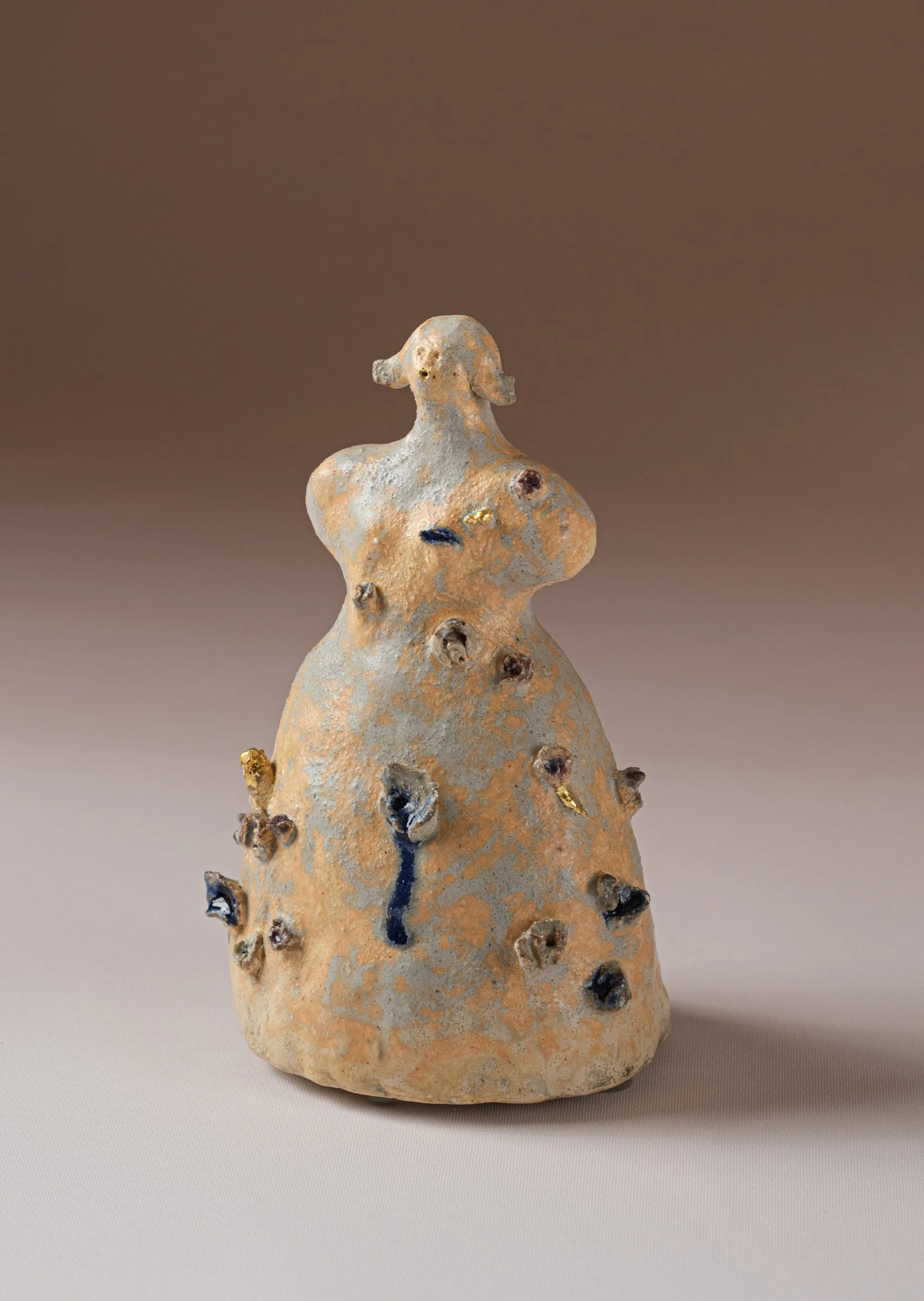 
Lady Indigo, 2023 | Glazed Ceramic, Glass & Gold Foil | 14 x 11 x 20 cm. / 5.5 x 4.3 x 7.9 in.