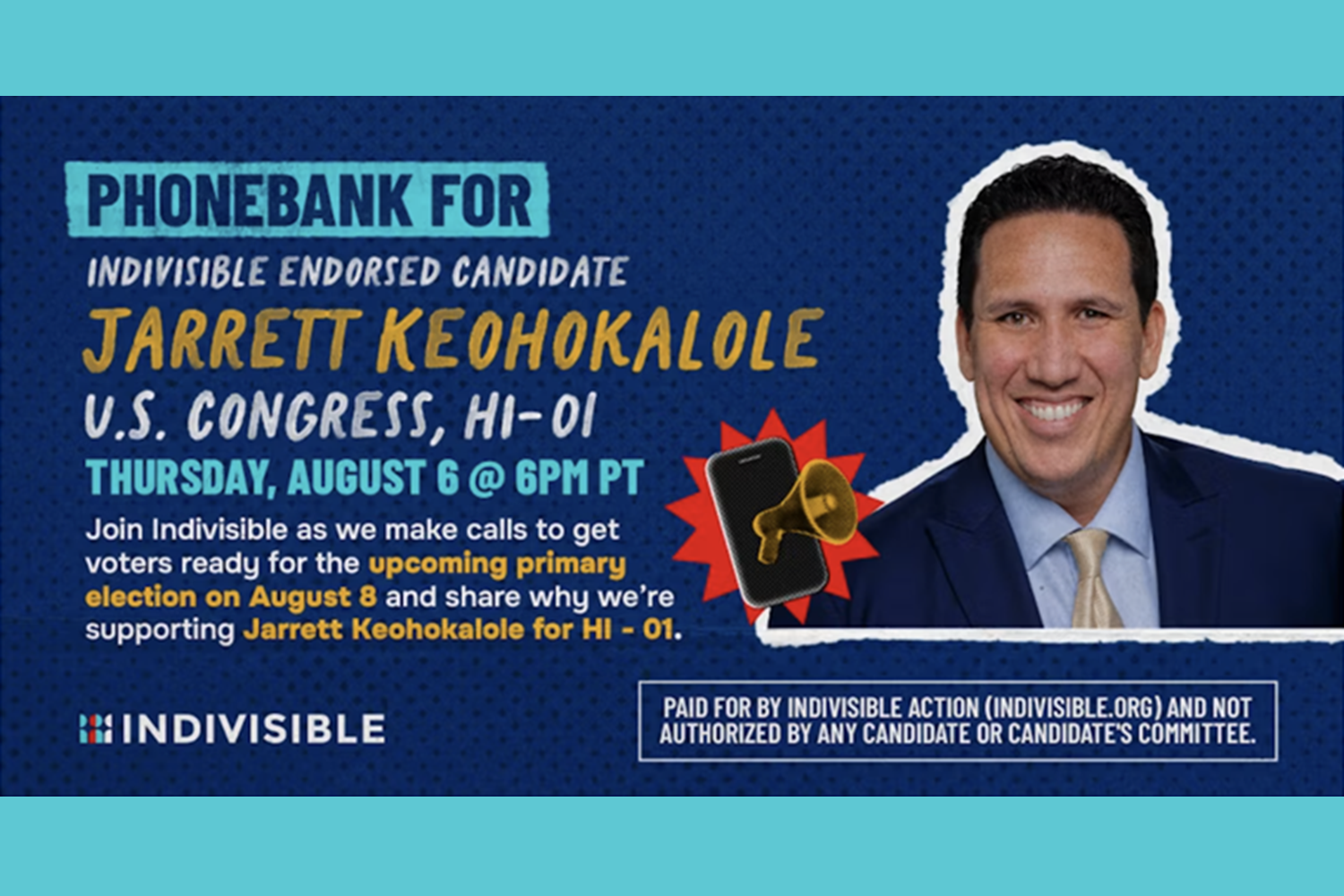 Indivisible for Jarrett Keohokalole for HI-01 Phone Bank