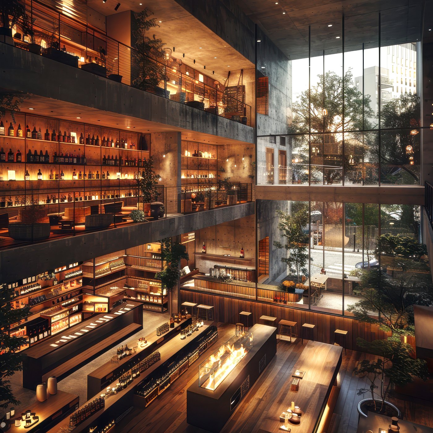 Interior of a dimly lit restaurant with warm orange and yellow paper lanterns hanging from the ceiling, filled with many diners at tables.