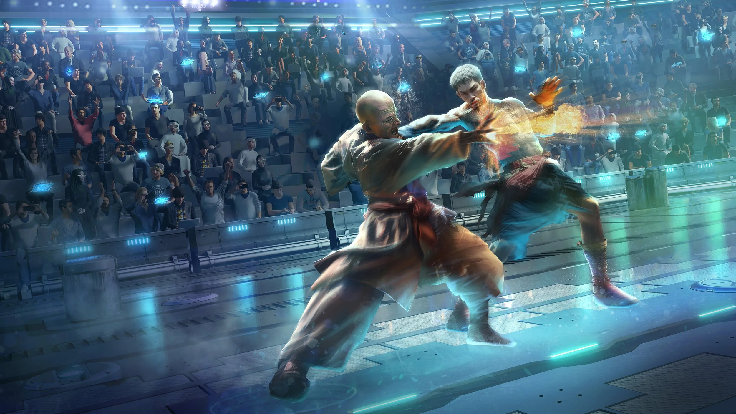 Point-of-view perspective from a VR fighter arena experience highlighting real-world immersive technology, physical interaction, and competitive gameplay