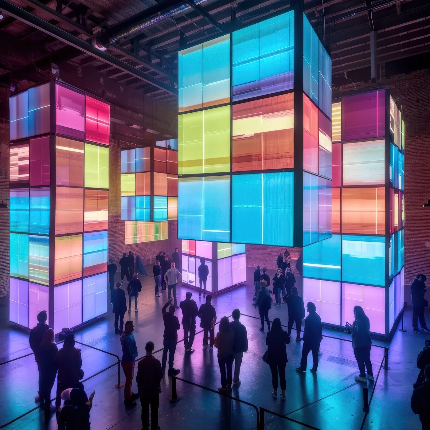 An art gallery filled with colorful abstract artwork displayed on large LED screens on brick walls, with visitors walking and viewing the art in a vibrant, well-lit space.