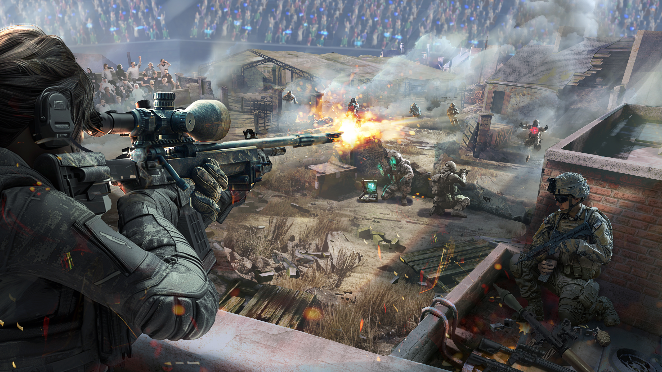 Cinematic point-of-view rendering illustrating large-scale action, environmental chaos, and immersive combat atmosphere within a narrative experience