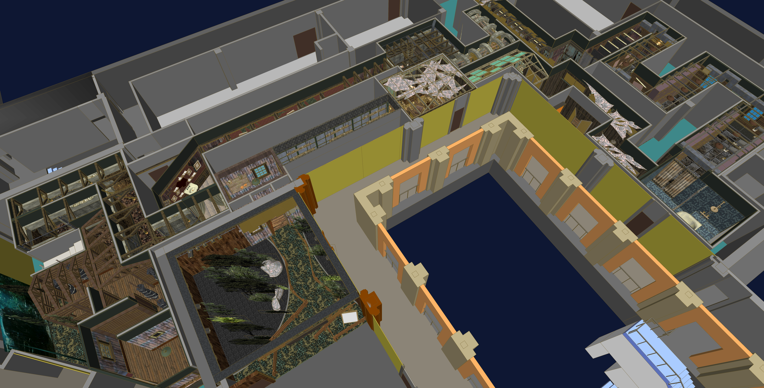 Three-dimensional architectural model demonstrating spatial layout, structural coordination, and development planning for an immersive venue