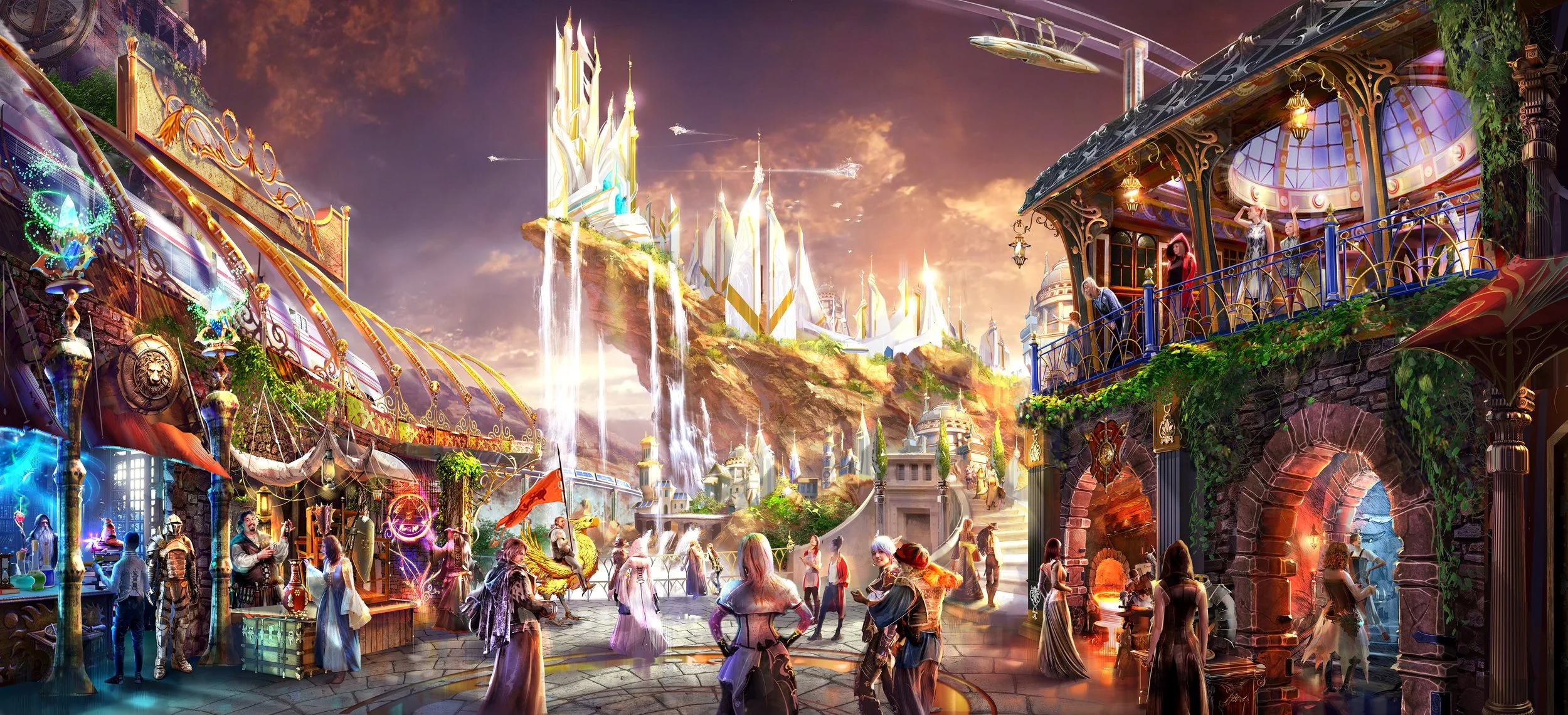 Immersive fantasy marketplace concept art illustrating world-building, architectural detail, and guest perspective in a themed entertainment environment