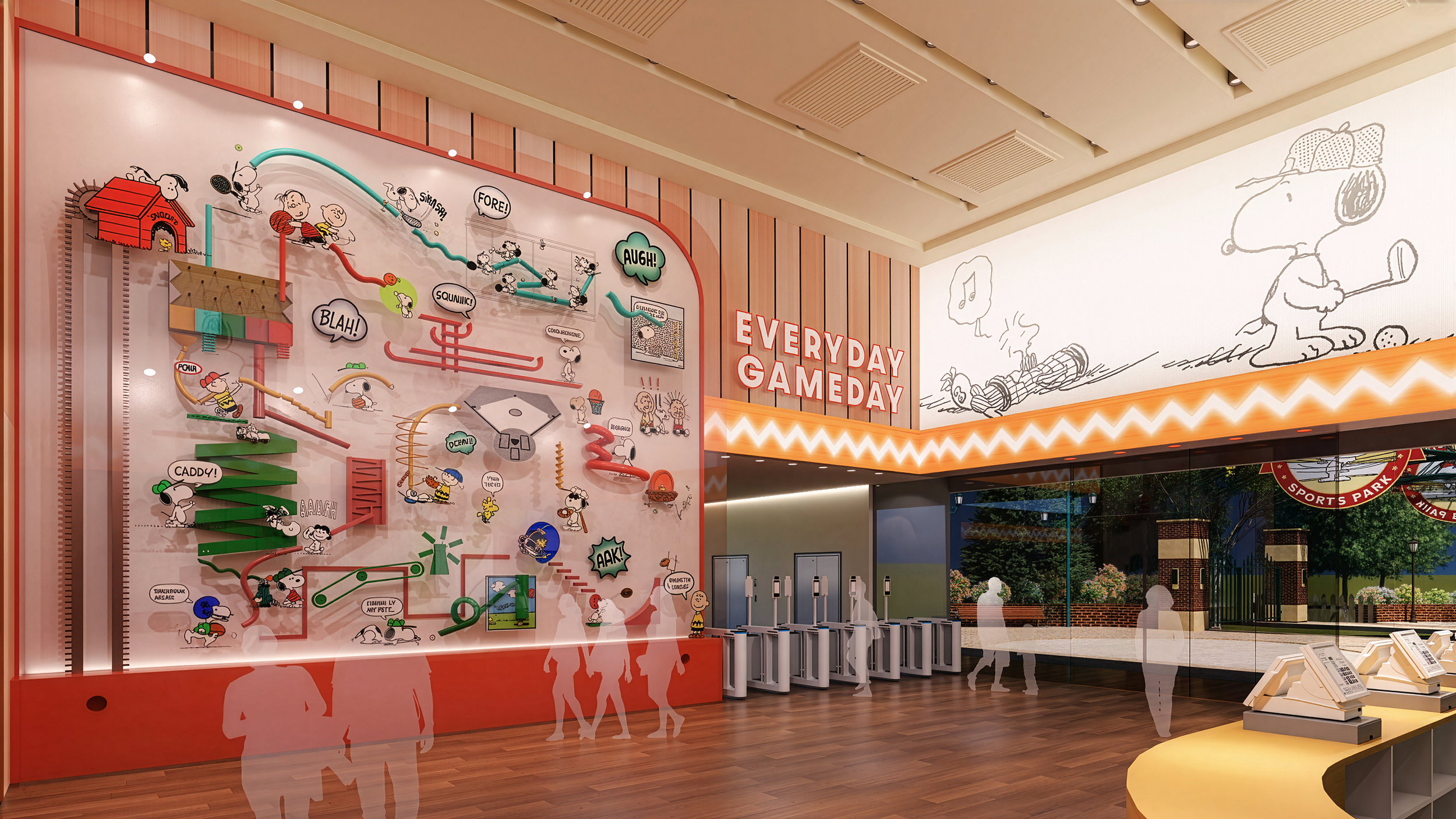 Interior experience for a Snoopy attraction illustrating a Rube Goldberg–inspired interactive process and guest-driven playful exploration