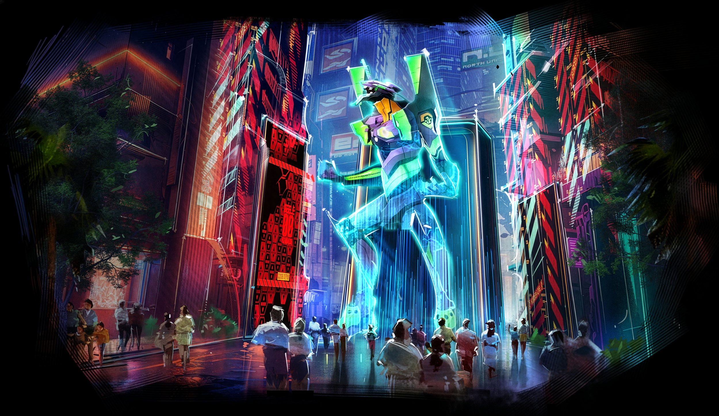 Evangelion-themed immersive experience in Tokyo featuring large-scale environmental design, dramatic lighting, and narrative-driven guest engagement