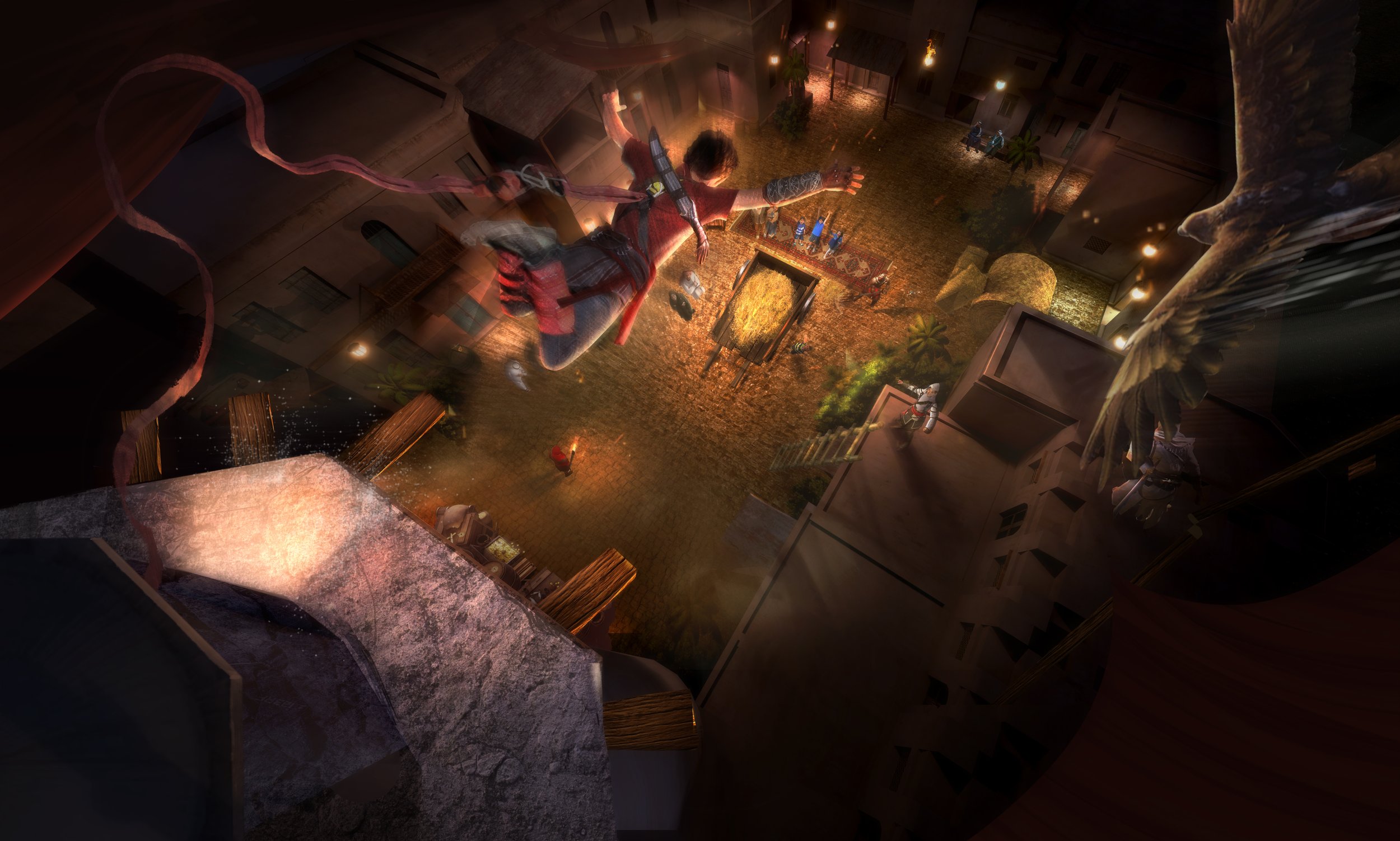 Point-of-view rendering emphasizing vertical space, layered lighting, and environmental storytelling from an elevated guest perspective