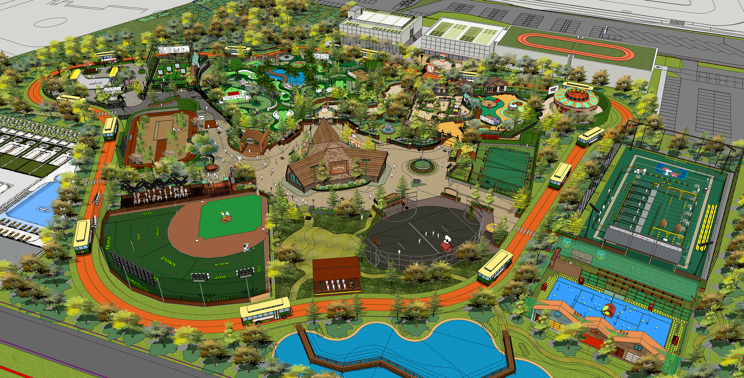 Concept master plan illustrating outdoor entertainment development, attraction zoning, and guest circulation across a large-scale park environment