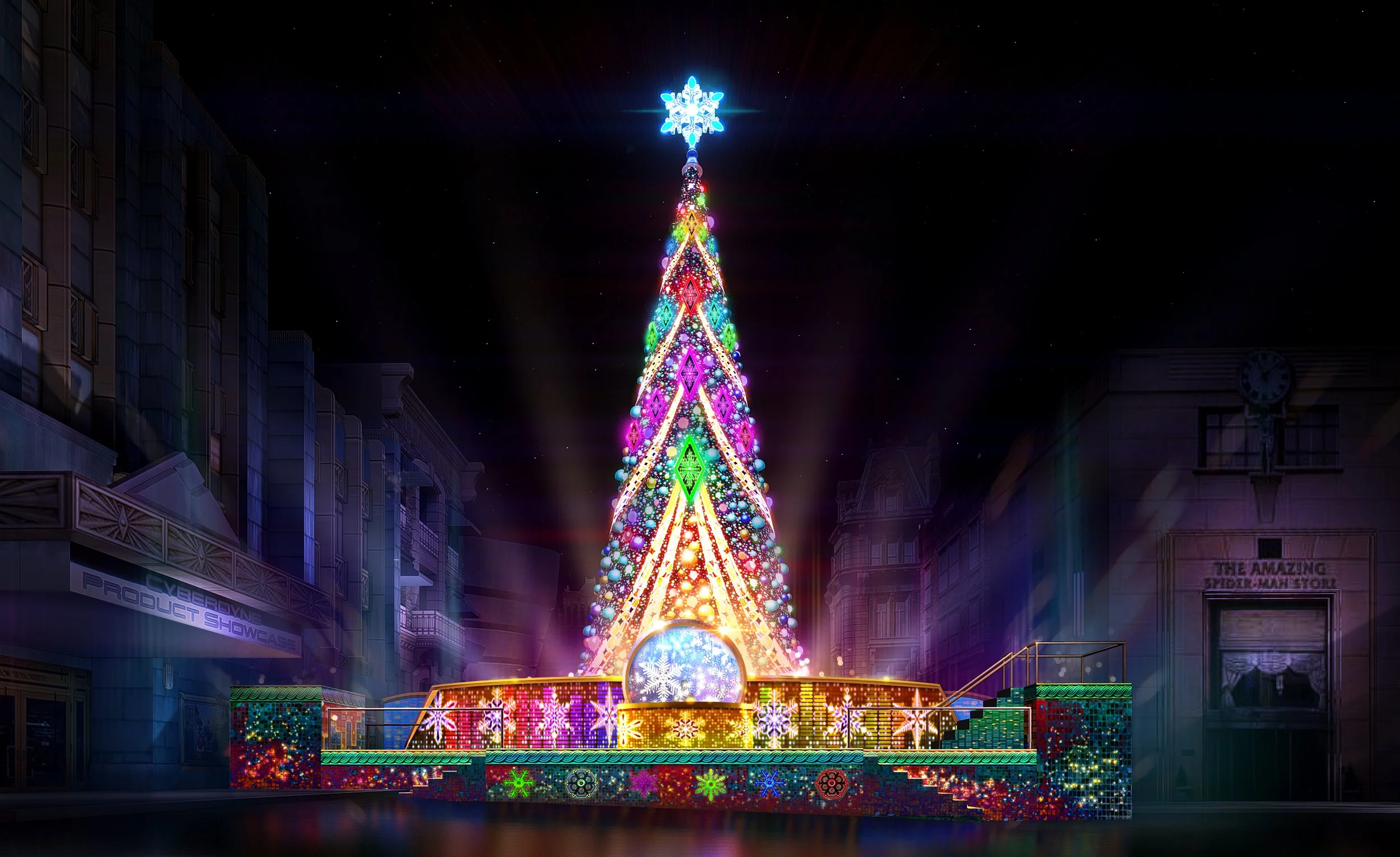 Real-world Christmas show at Universal Studios Japan featuring a large-scale illuminated tree, live performance, and seasonal spectacle for mass audiences