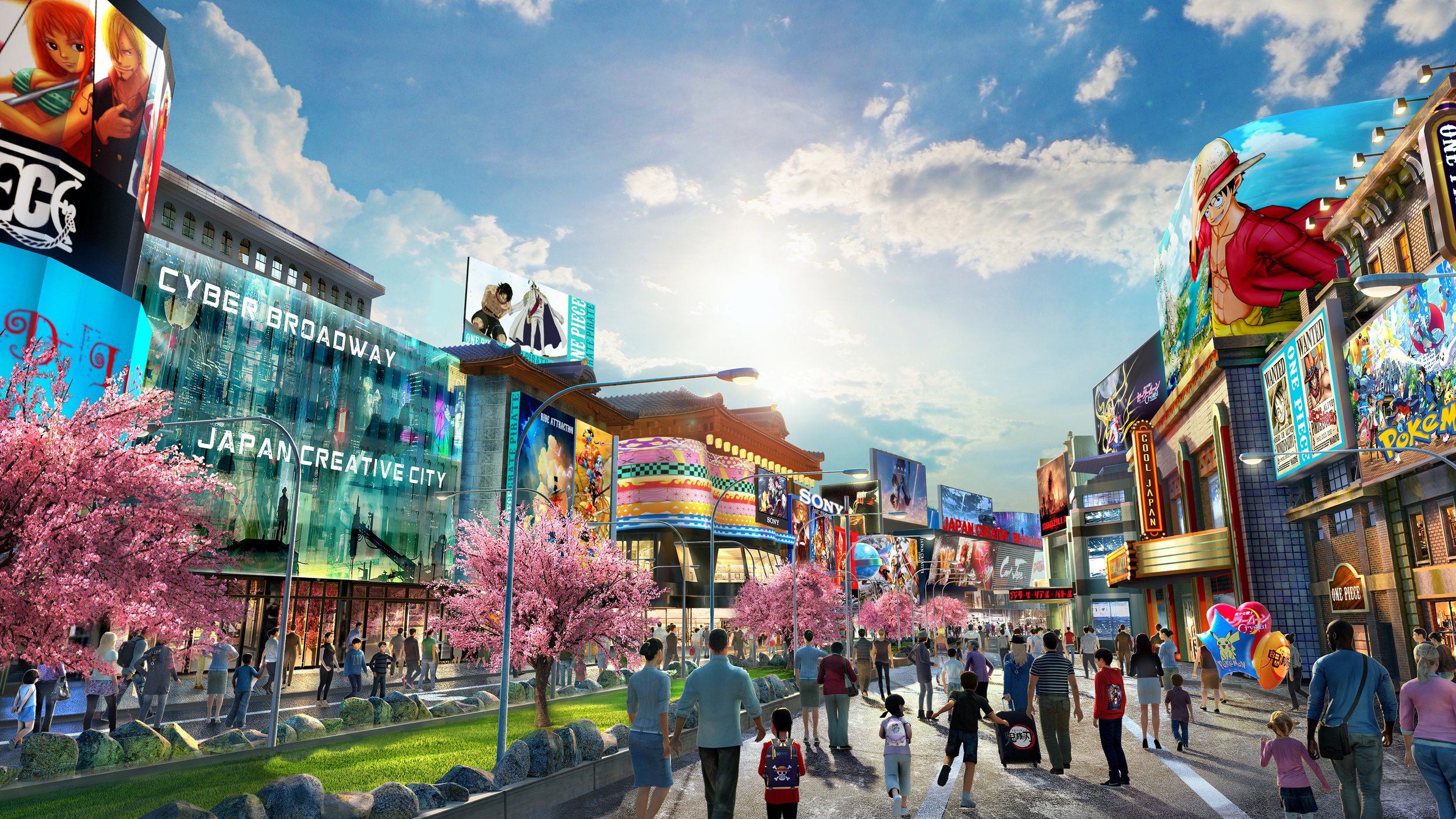Full-scale Neo-Japan intellectual property city-walk experience transforming an entire mall into an immersive urban environment with layered storytelling and guest circulation