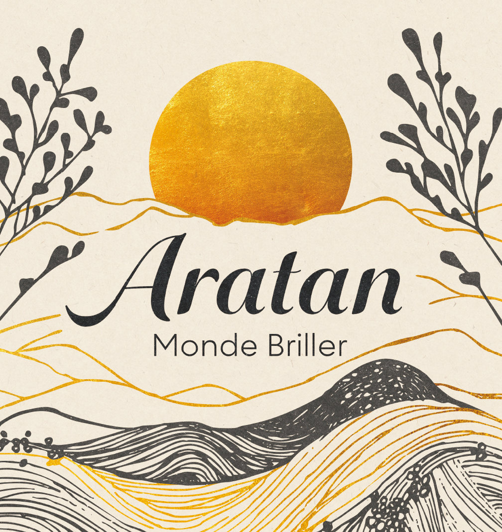 Aratan Monde Briller wine label design representing brand identity, packaging graphics, and storytelling for a premium beverage product