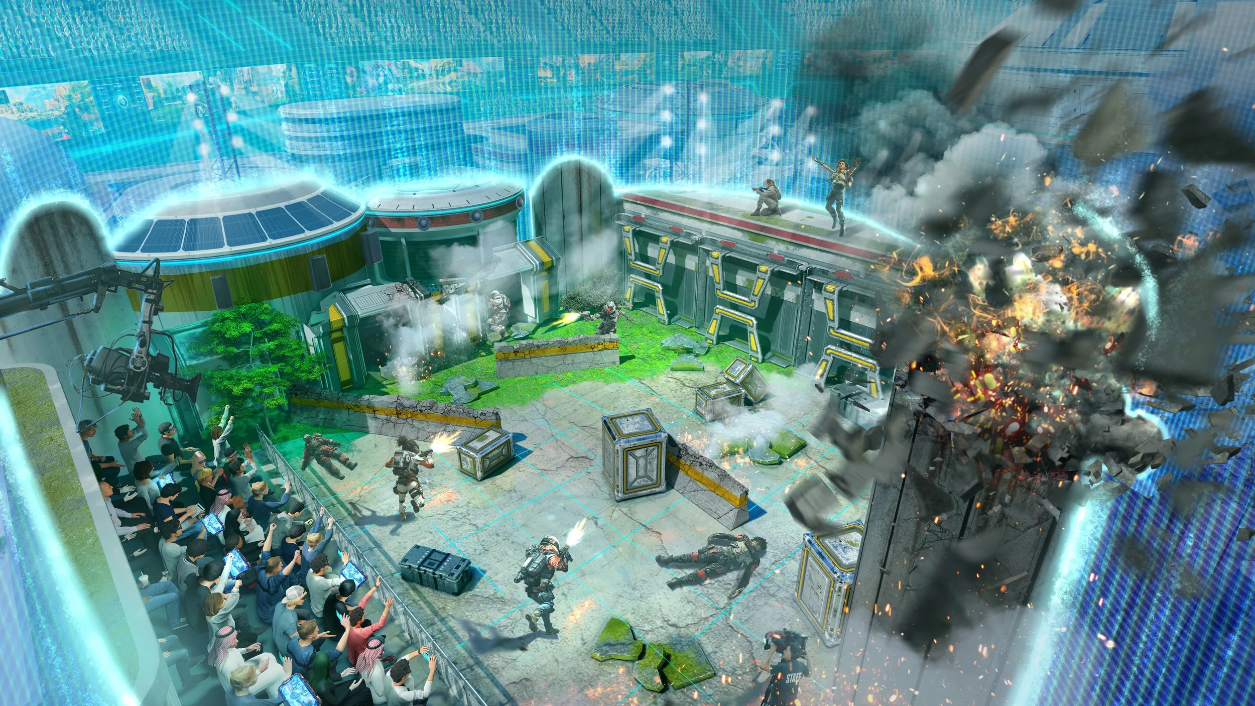 Point-of-view view of a real-life gameplay arena experience showcasing interactive technology, competitive play, and immersive spectator engagement