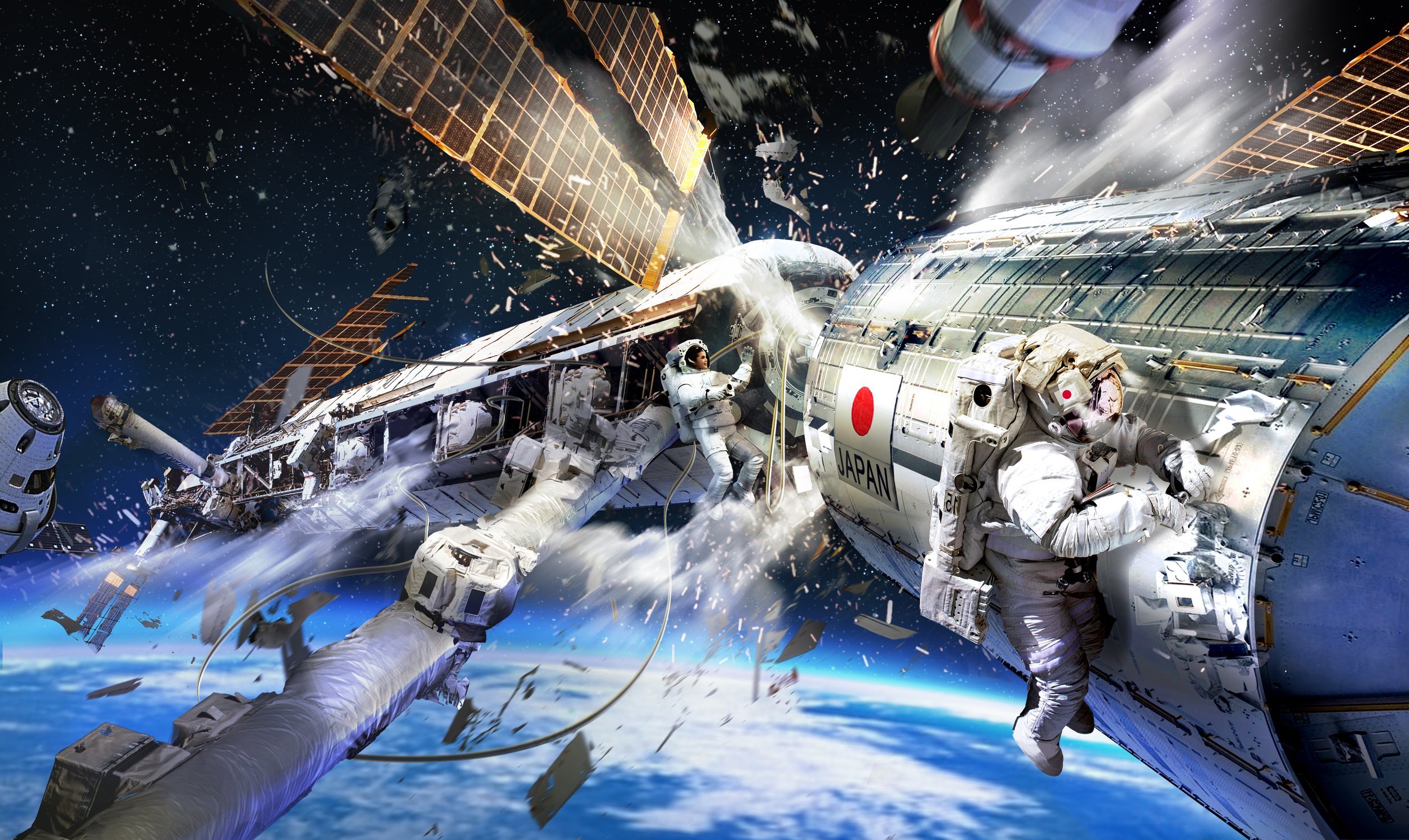 Point-of-view experience concept artwork for JAXA depicting an exterior spacewalk scenario with dynamic action and Earth-scale perspective