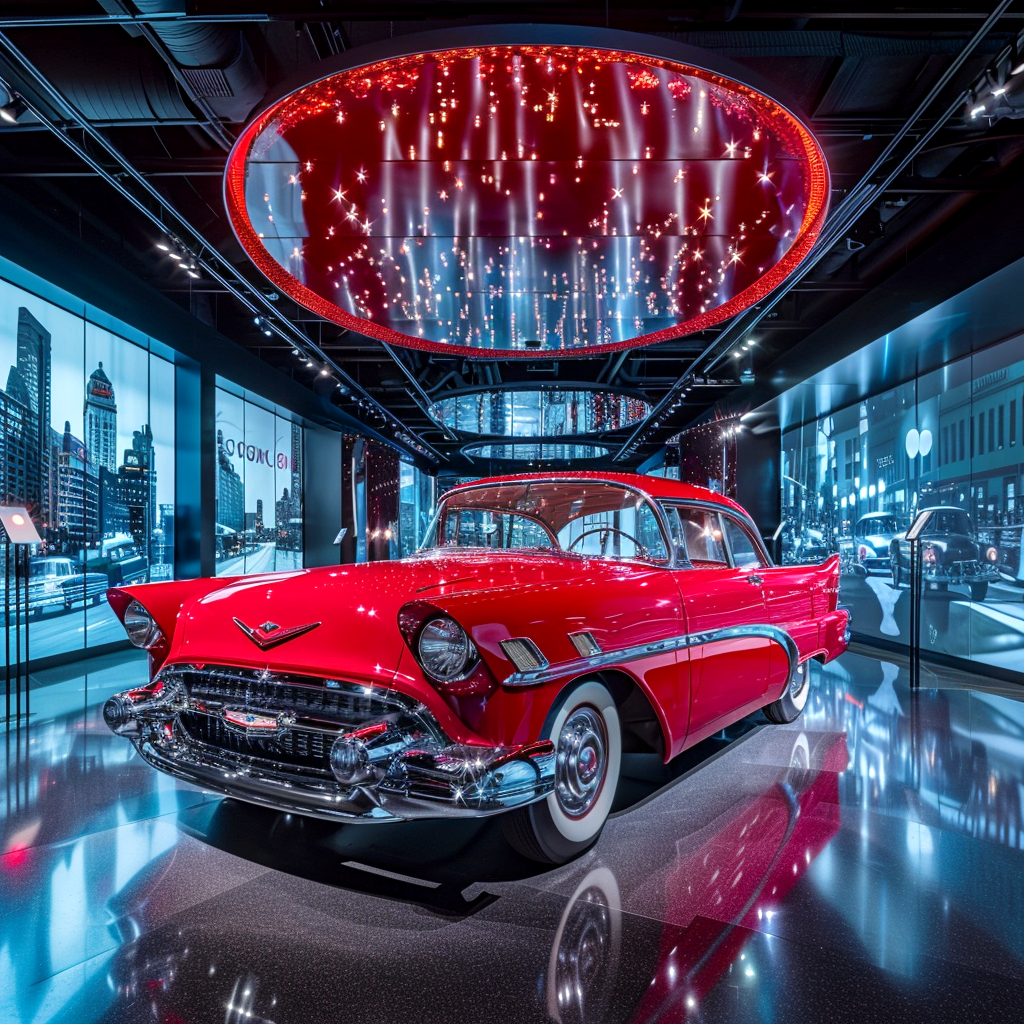 Vintage red car on a display platform at an automotive museum exhibit, with large curved screens showing black and white images of classic cars and city streets in the background.