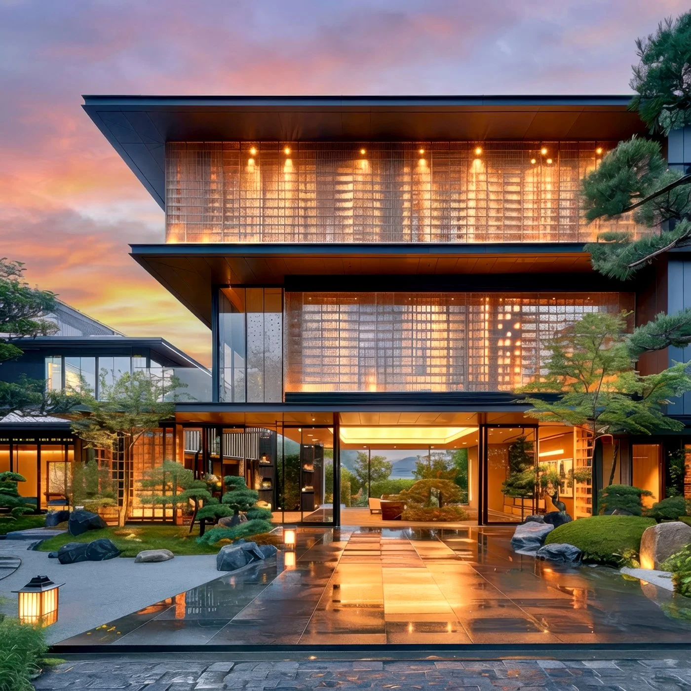 Modern multi-story building with decorative wooden lattice panels on the upper floors and large glass windows on the ground floor, illuminated from inside during evening.