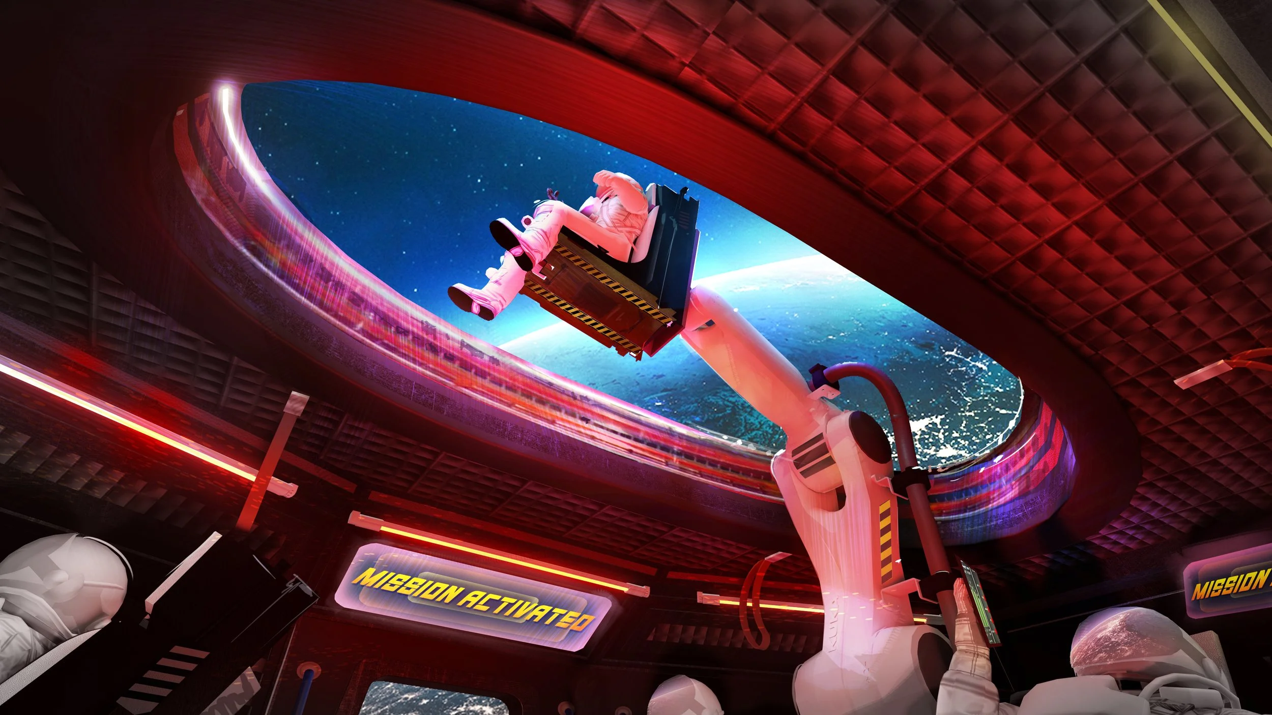 Point-of-view space experience concept artwork for JAXA illustrating mission-based storytelling, interior scale, and human interaction in orbit