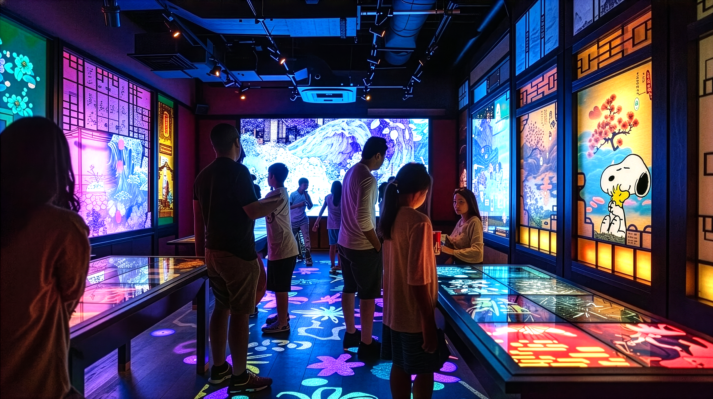 Interactive gameplay experience for children featuring hands-on technology, movement-based interaction, and playful learning environments