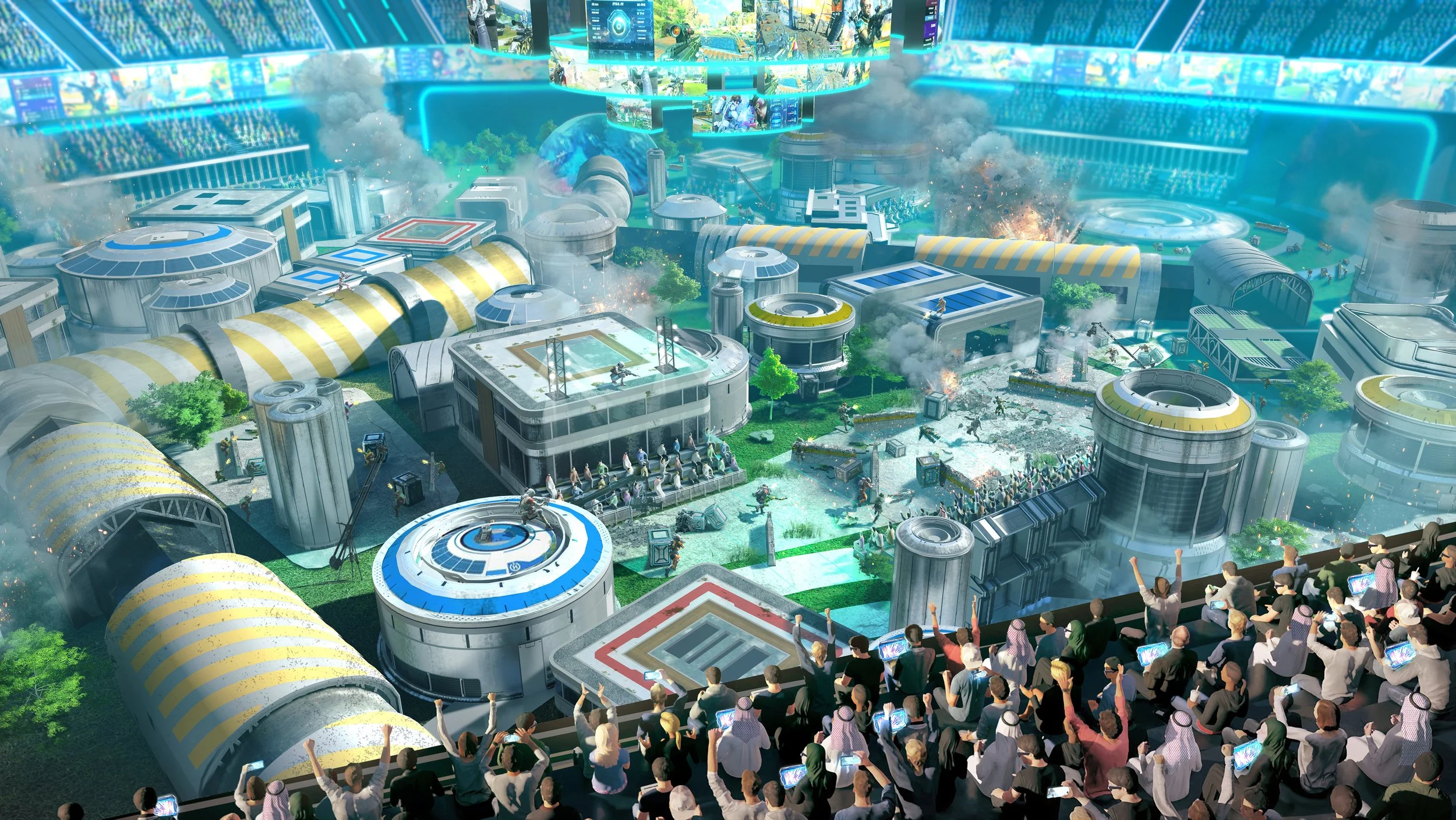 Large-scale immersive arena concept art showing live-action gameplay, cinematic spectacle, and audience-driven entertainment design