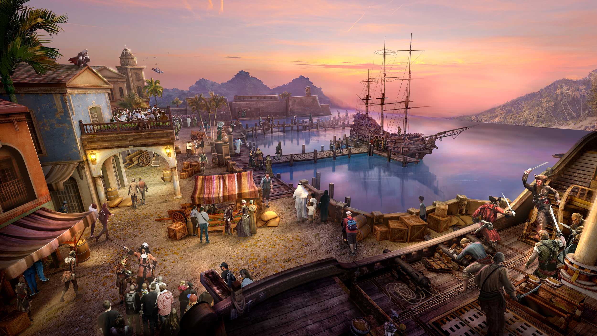 Point-of-view world-building rendering depicting a richly detailed harbor city environment designed for exploration and narrative immersion