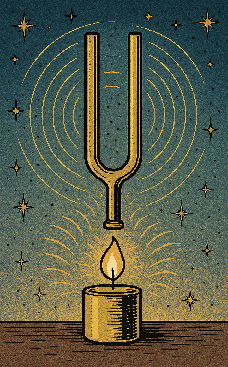 A stylized illustration of a candle with a flame, beneath a tuning fork, surrounded by radiating lines and stars in a magical or celestial theme.