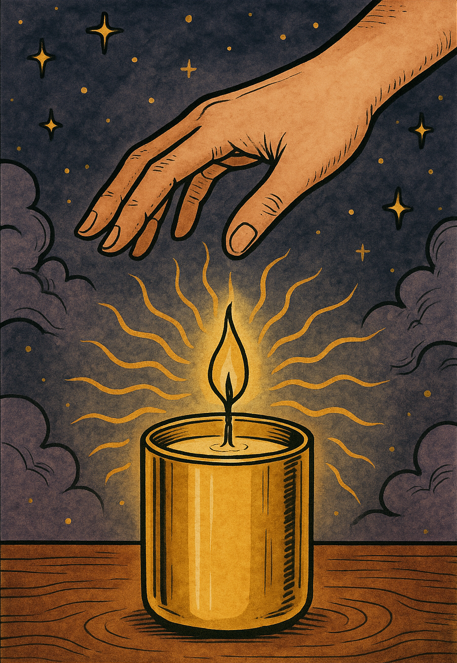 A drawing of a hand reaching towards a lit candle, with a spark or flame at the tip. The background shows a night sky with stars and clouds.