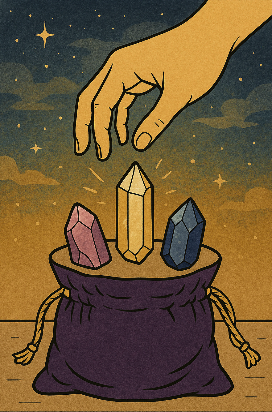 A hand dropping three colorful crystals into a purple pouch against a starry night sky.