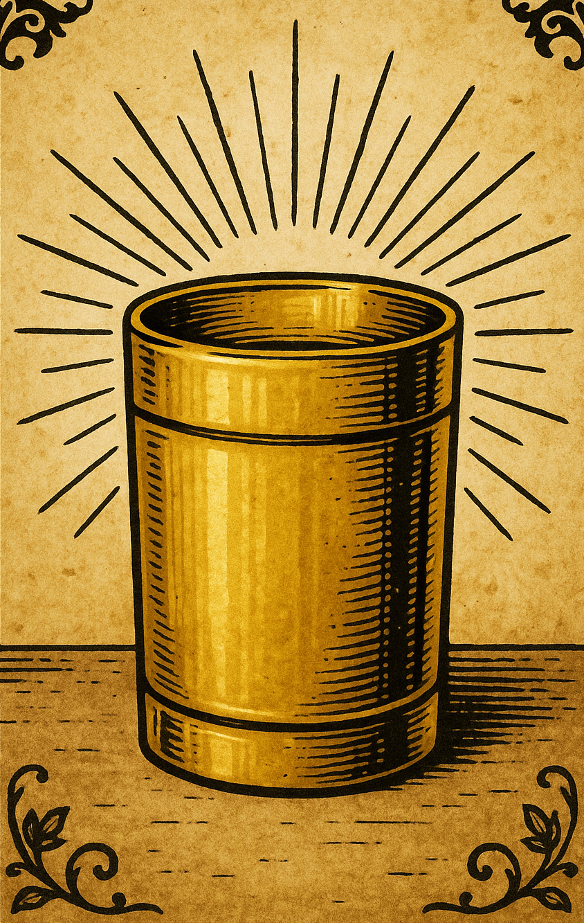 A drawing of a yellow cylindrical object with a glowing halo and rays emanating from it, set against a vintage beige background with decorative black corner accents.