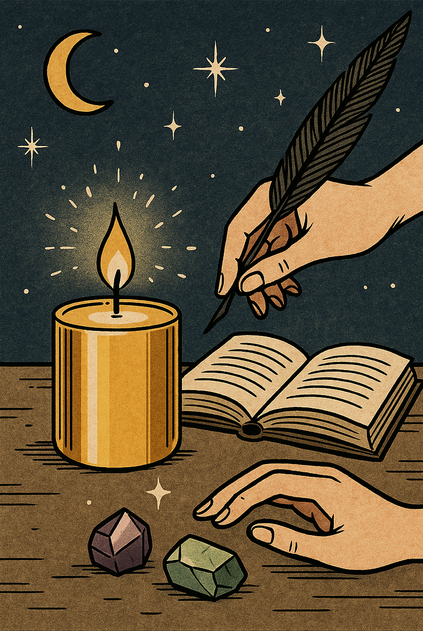 Illustration of a person writing in a book with a quill pen beside a lit candle, with stars and a crescent moon in the night sky background, and two gemstones on a wooden table.