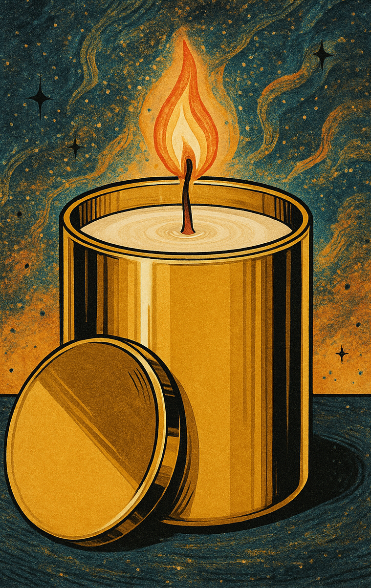 A golden candle with a lit flame and a large coin beside it, set against a starry, swirling background.