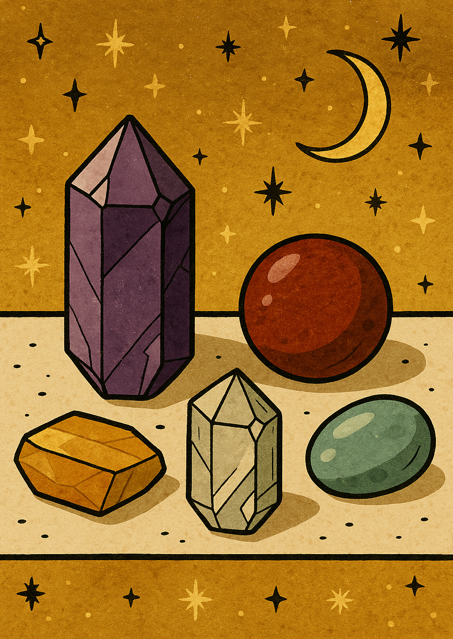 Illustration of five different crystals or gemstones of various sizes and colors on a beige surface, with a starry night sky, crescent moon, and stars in the background.