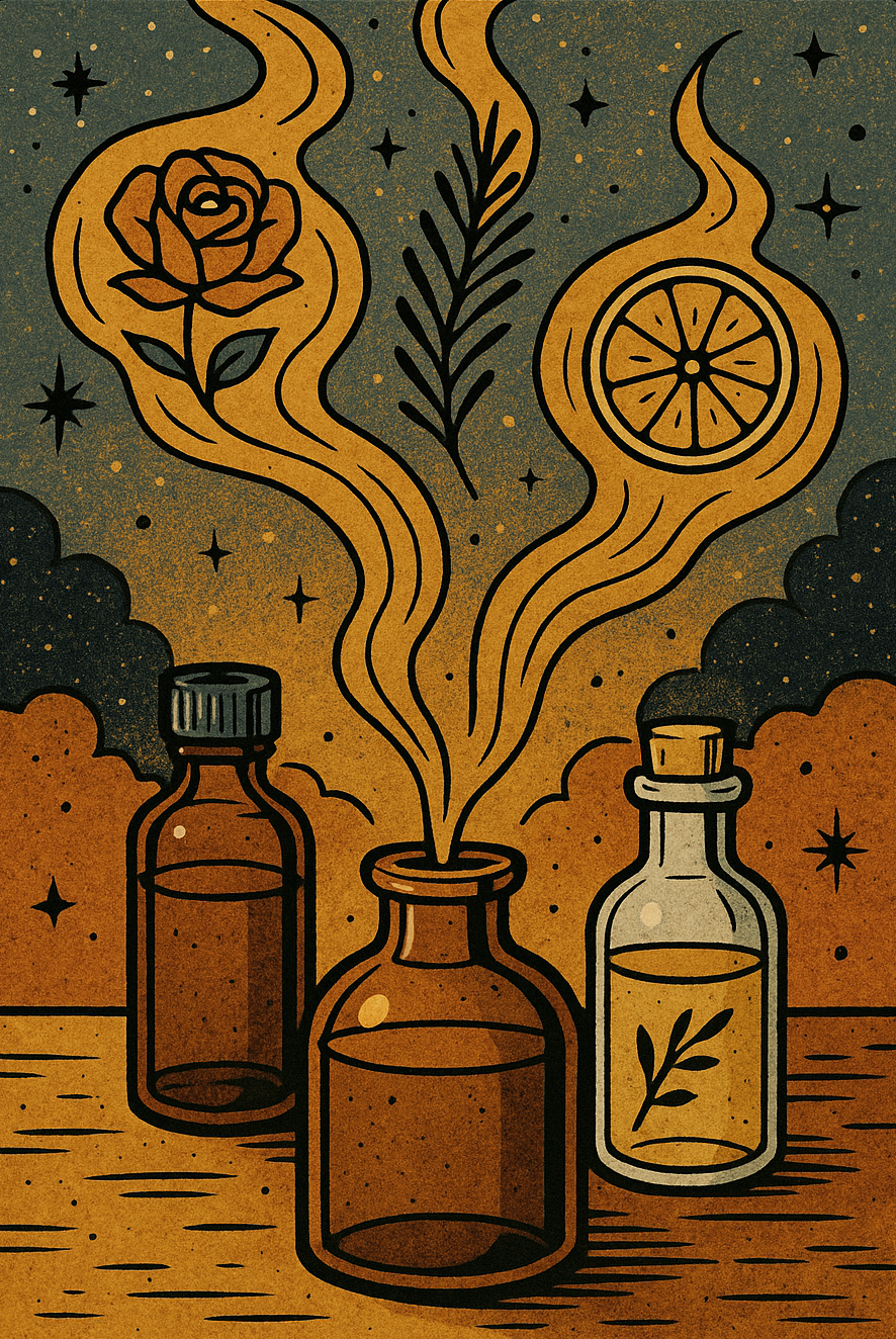 Illustration of three small bottles with aromatic liquids, with colorful smoke or vapor rising from the center bottle, forming shapes of a rose and a citrus slice, against a starry background.