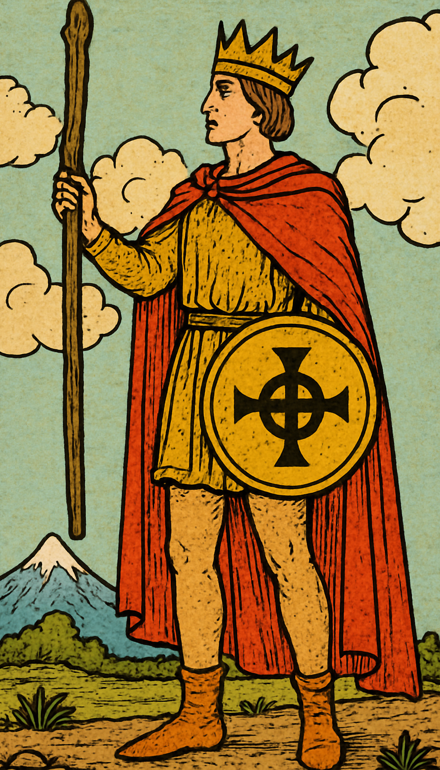 A depiction of a medieval king wearing a crown, a red cloak, and yellow tunic, holding a staff and a shield with a black cross and circle, standing outdoors with mountains and clouds in the background.