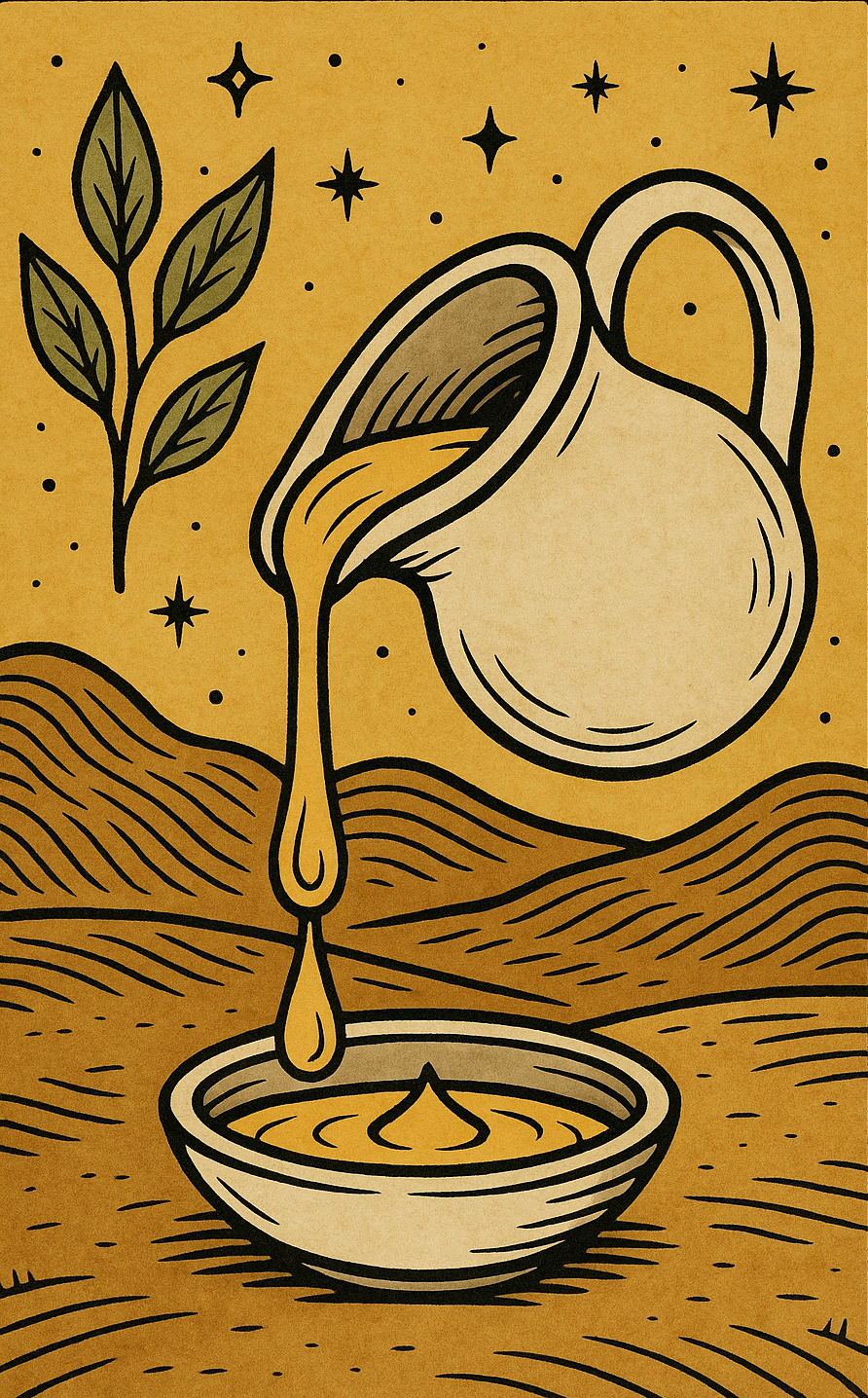 A stylized illustration of a watering can pouring water into a bowl, with a leafy plant to the left and stars in the background, on a yellowish background with black outlines.